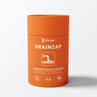 DRAINZAP drain unblocker tub — front view, clears blockages and odours
