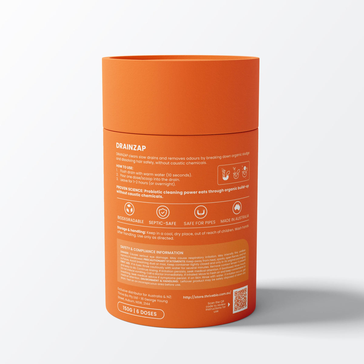 DRAINZAP tub — back label with instructions and ingredients