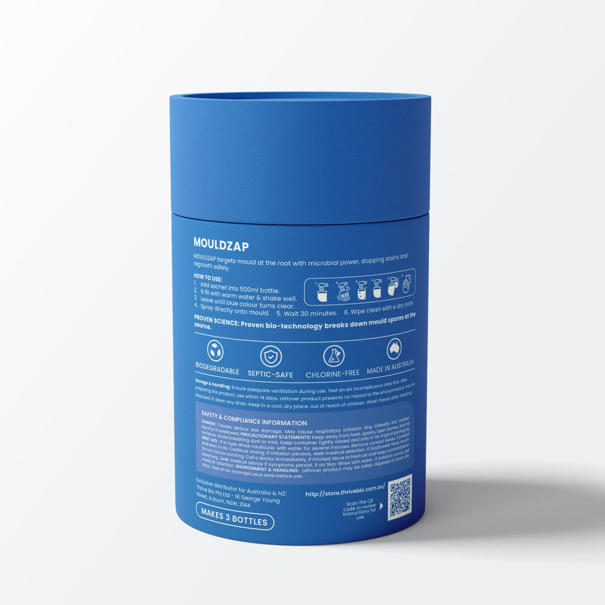 MOULDZAP tub — back label with instructions and ingredients