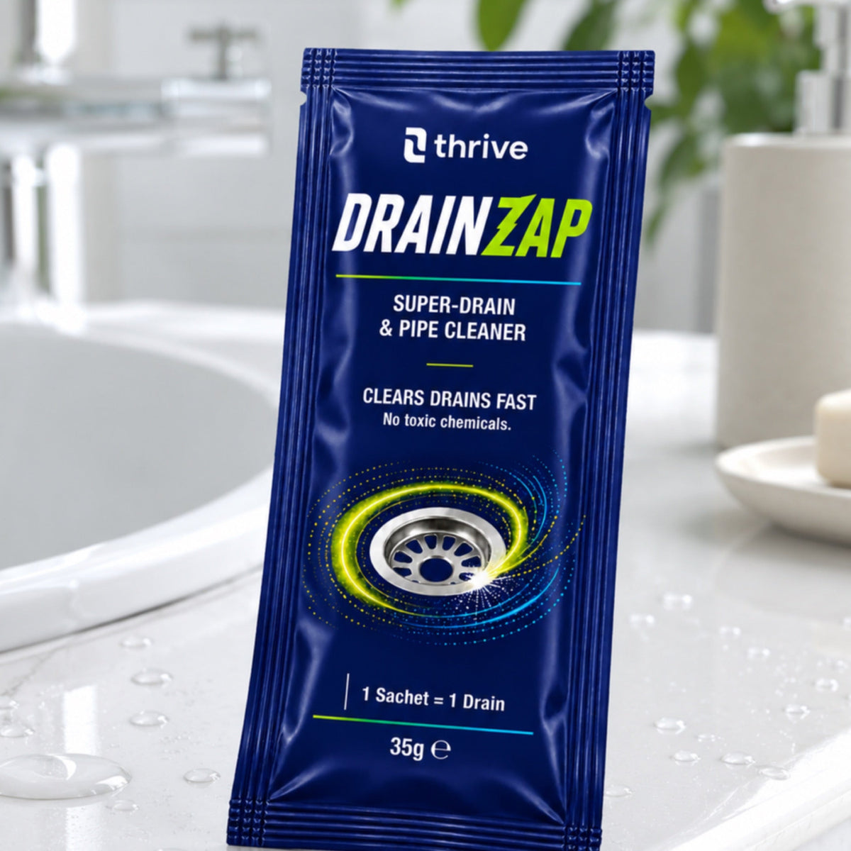 DRAINZAP Sachet 35g on a bathroom bench — one sachet clears one drain