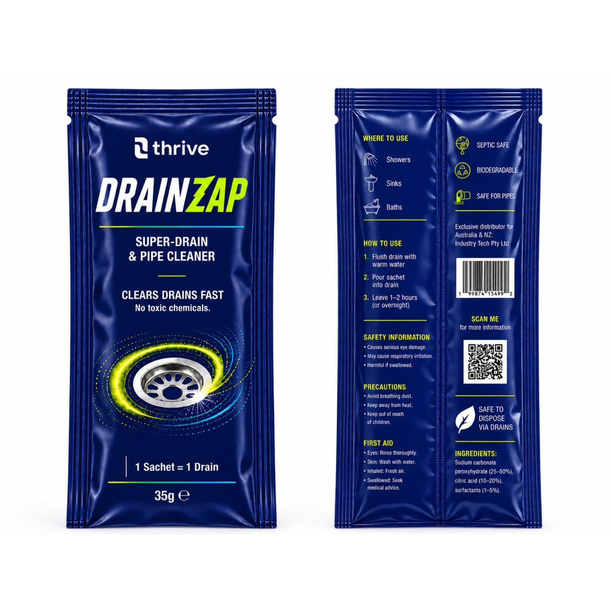 DRAINZAP Sachet 35g front and back of pack showing directions and ingredients